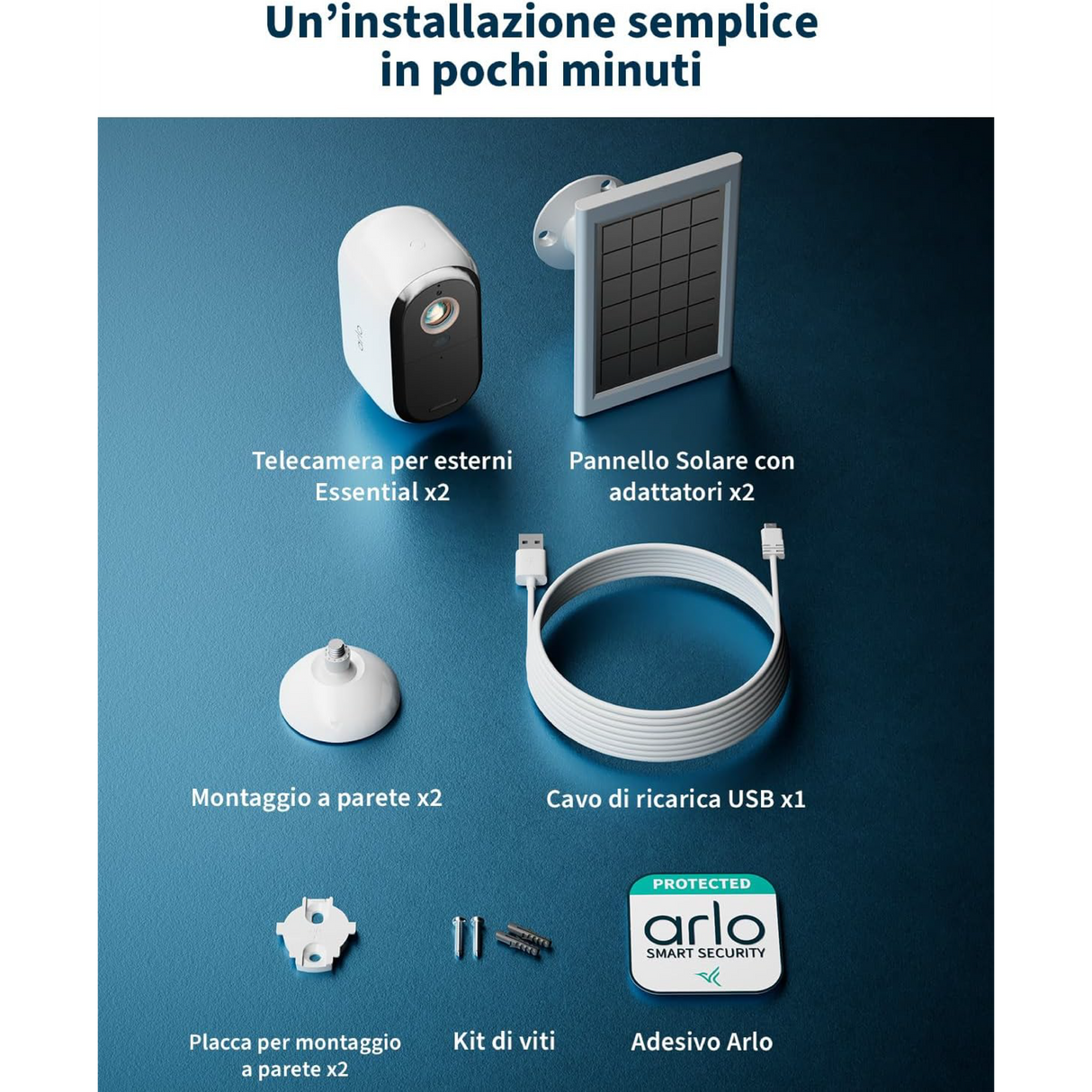 Arlo Ess2 - Cam 2K X2 + Solar Panel X2 - Sicurezza 2K Continua con Alimentazione Solare