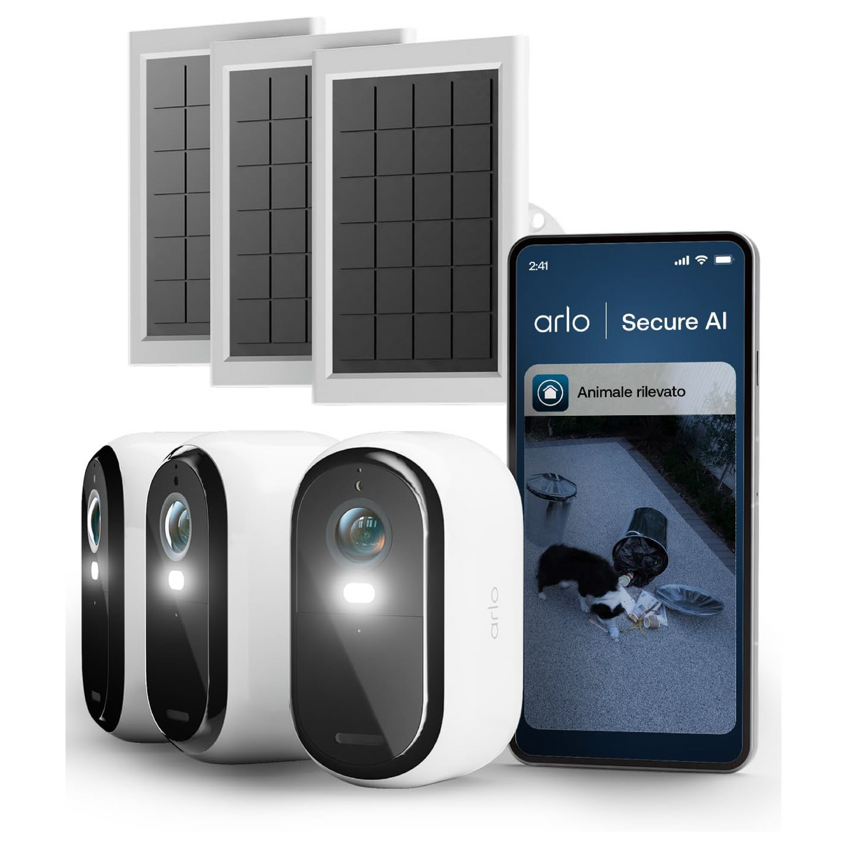 Arlo Ess2 - Cam 2K X3 + Solar Panel X3 - Sicurezza 2K Continua con Alimentazione Solare
