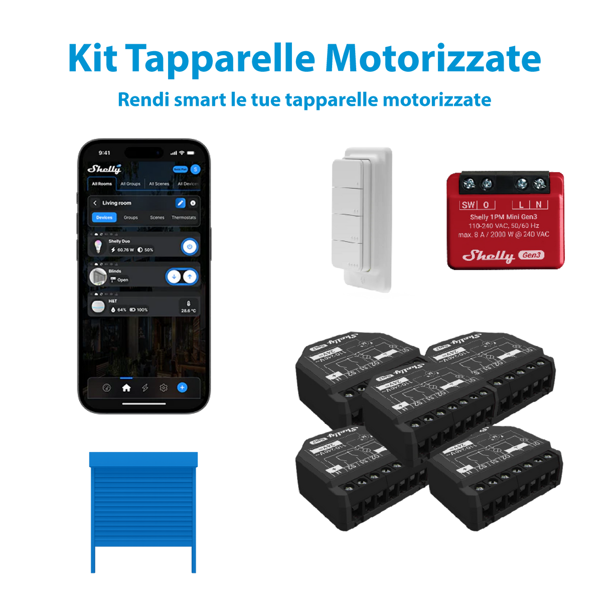 Kit Shelly domotica: relè Wi-Fi Plus 2PM Gen3 e 1PM Mini Gen3 per tapparelle motorizzate, luci e monitoraggio consumi.