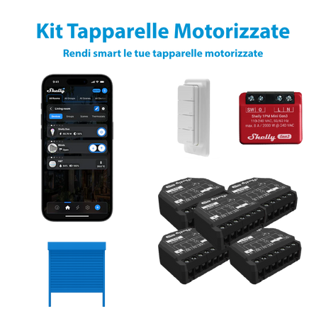 Kit Shelly domotica: relè Wi-Fi Plus 2PM Gen3 e 1PM Mini Gen3 per tapparelle motorizzate, luci e monitoraggio consumi.