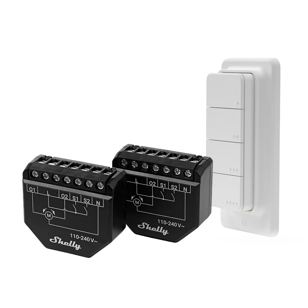 Shelly Shutter (2x) + BLU RC Button 4 - Kit Smart Doppio per Tapparelle e Persiane
