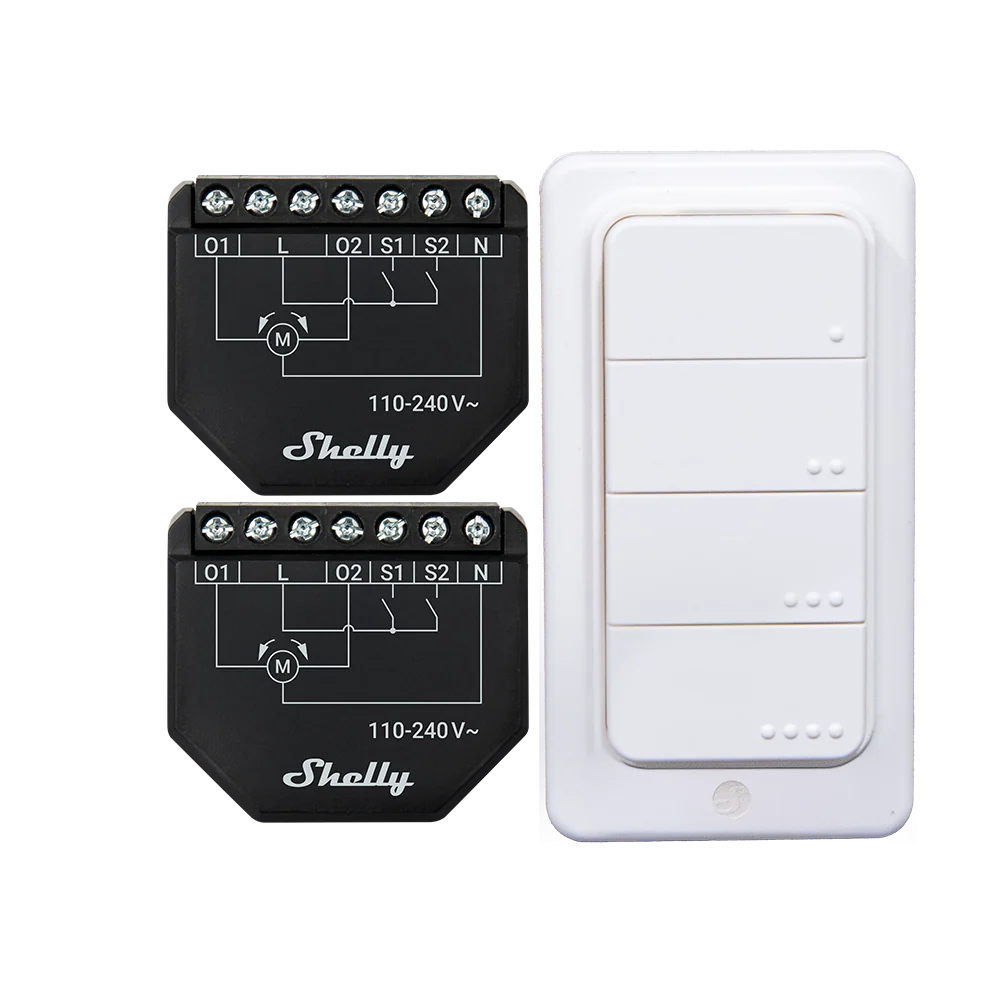 Shelly Shutter (2x) + BLU RC Button 4 - Kit Smart Doppio per Tapparelle e Persiane